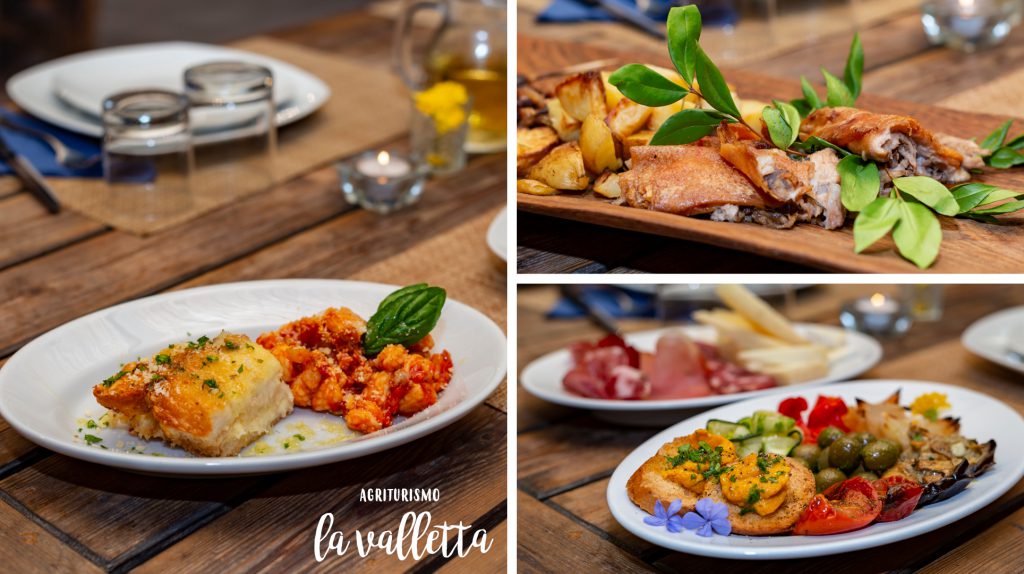 Zuppa gallurese e gnocchetti (sx.), antipasti sardi (dx.), porceddu (in alto, dx), all’agriturismo La Valletta (Sardegna)